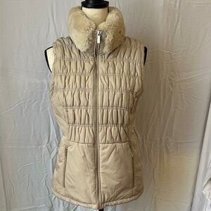 Calvin Klein Beige Quilted Vest with Faux Fur Collar